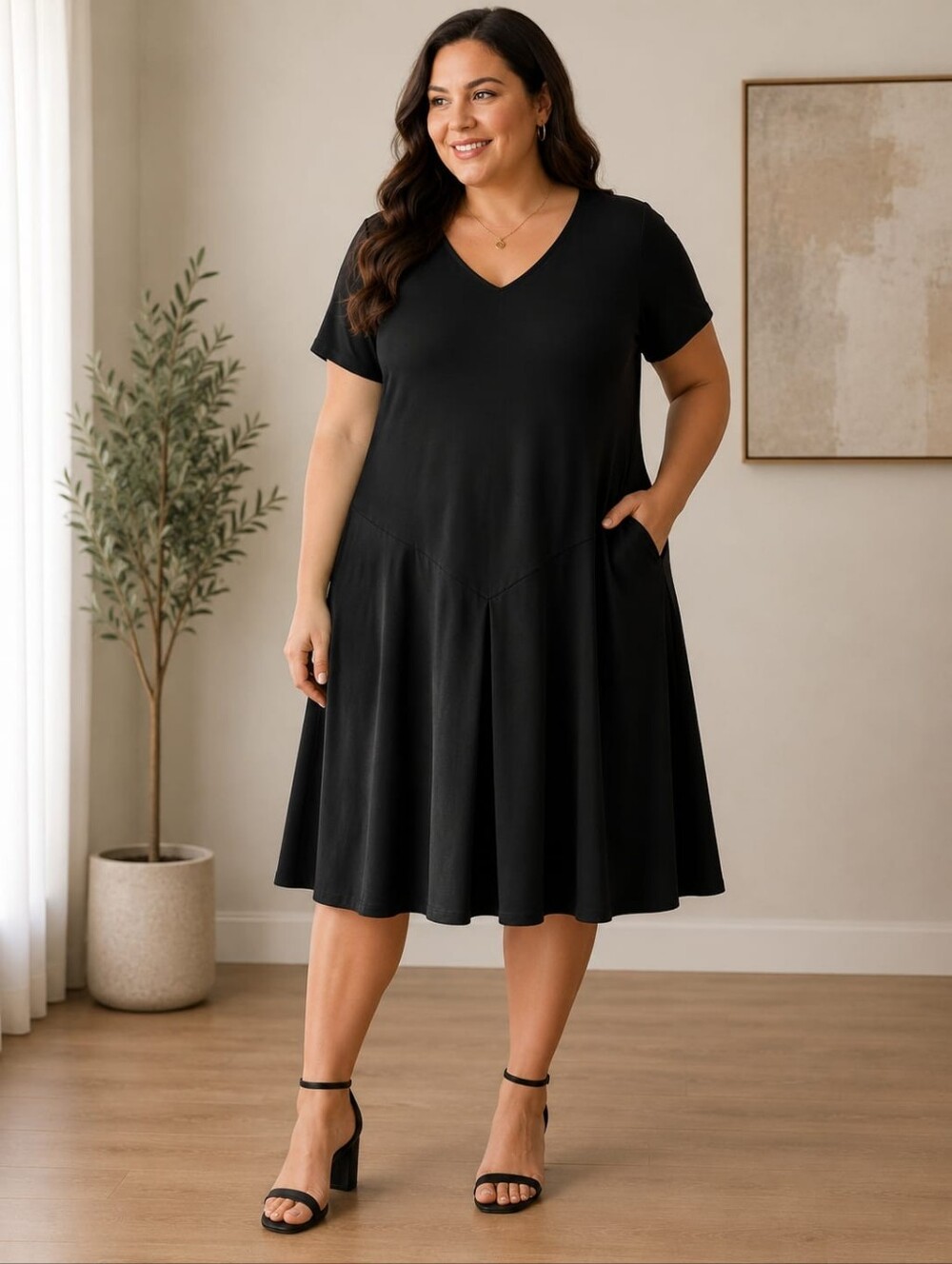 Ralph Lauren Black V-Neck Midi Dress with Short Sleeves. Flared. Office. Church